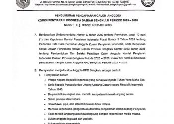 Tahapan Seleksi Calon Komisioner KPID Bengkulu Periode 2025–2028 Dimulai, Berikut Persyaratan dan Jadwalnya