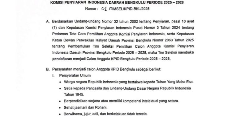 Tahapan Seleksi Calon Komisioner KPID Bengkulu Periode 2025–2028 Dimulai, Berikut Persyaratan dan Jadwalnya