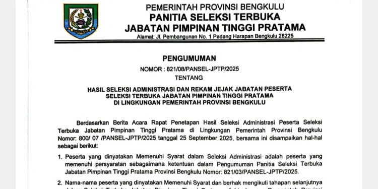 Ini Dia Daftar Nama Peserta Lolos Administrasi Lelang Jabatan Eselon II Pemprov Bengkulu